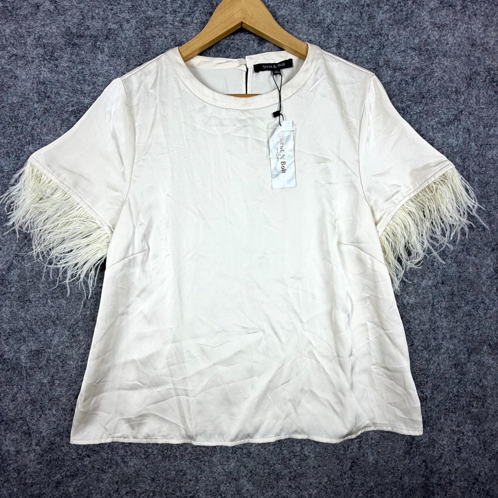 Strut & Bolt Blouse Top Womens Large Cream Satin Feather Sleeve Office Siren